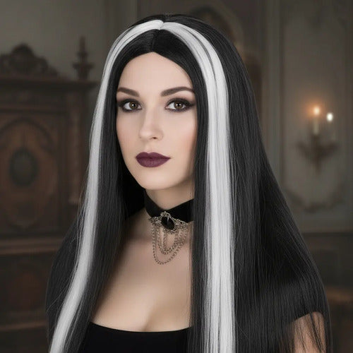 Peluca Morticia Addams Halloween Negr0