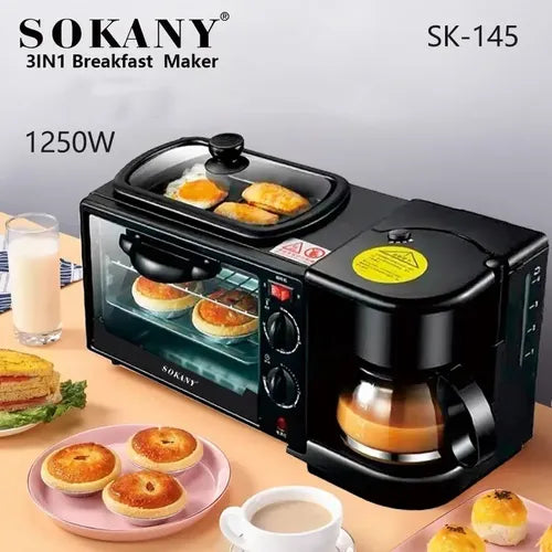 Maquina Desayuno 3 En 1 Horno Cafetera Sartén Sokany Util Negro
