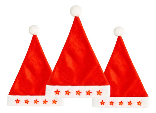 3 Gorros Estrellitas Led Viejito Pascuero Fiestas Navideñas Rojo