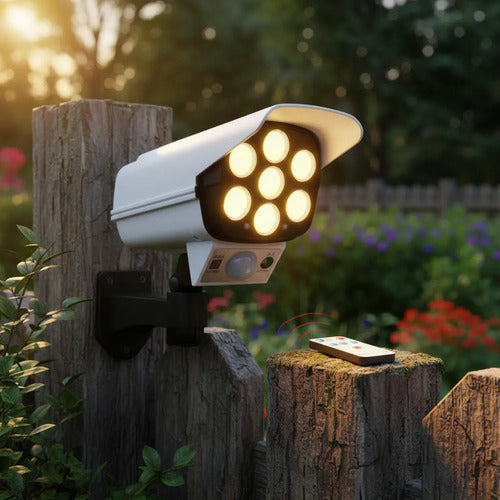 Foco De Luz Solar Tipo Cámara De Seguridad Sensor + Control Blanco