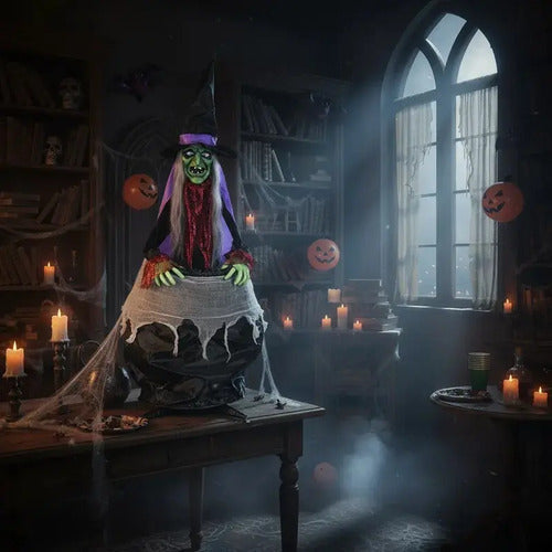 Bruja Animatronic Caldera Halloween Sonido Movimiento 150cm