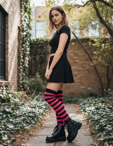 Medias Bucaneras Rayas Negro Con Fucsia Disfraz Fiesta Negro Con Fucsia Estandar
