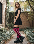 Medias Bucaneras Rayas Negro Con Fucsia Disfraz Fiesta Negro Con Fucsia Estandar