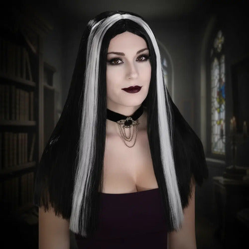 Peluca Morticia Addams Halloween Negr0
