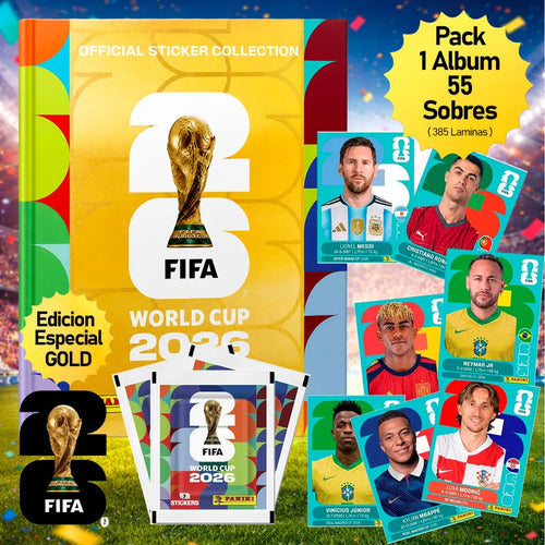 Pack Album Gold Tapa Dura + 55 Sobres Fifa World Cup 2026