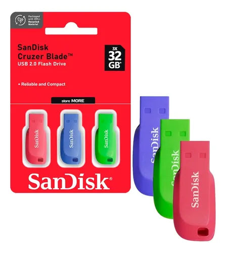Triple Pack Pendrive Sandisk Usb 32gb Cruzer Blade 150mb/s Multicolor Cruzer Blade