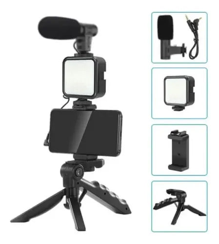 Kit De Grabación Con Micrófono Luz Led Y Soporte Tripode Color Negro