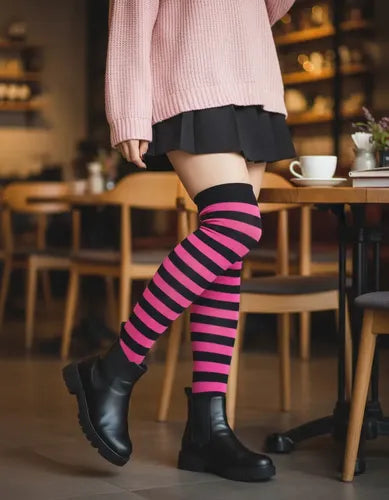Medias Bucaneras Rayas Negro Con Fucsia Disfraz Fiesta Negro Con Fucsia Estandar
