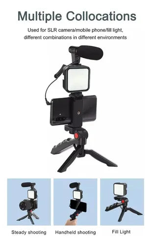 Kit De Grabación Con Micrófono Luz Led Y Soporte Tripode Color Negro