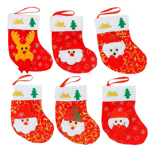 6 Mini Botas Calcetin Dulcero Adorno Navidad Diseños Surtido Rojo Surtido