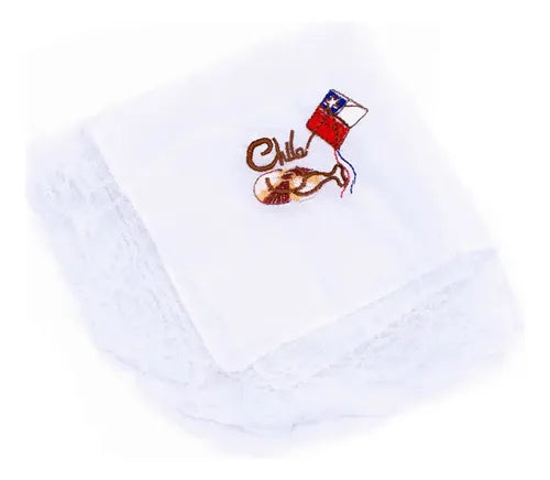 Pañuelo 18 Blonda Diseño Bordado Cometa Fechas Patrias Cueca Blanco Bordado Cometa