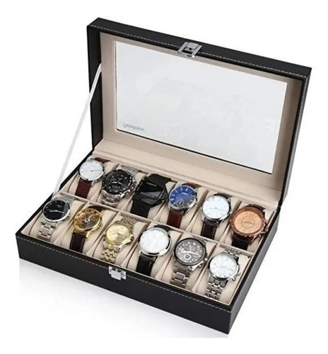 Organizador Estuche Exhibidor Caja Bandeja 12 Relojes  Negro