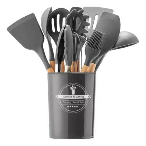 Set 12 Utensilios Cocina Mango Silicona Y Madera Repostería Madera