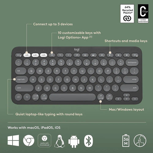 Logitech Pebble Keys 2 K380s Teclado Bt Multi-device Grafito Idioma Español