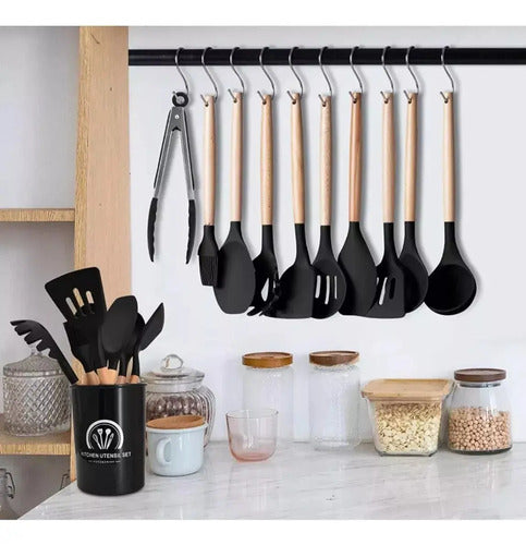 Set 12 Utensilios Cocina Mango Silicona Y Madera Repostería Madera