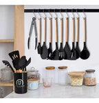 Set 12 Utensilios Cocina Mango Silicona Y Madera Repostería Madera