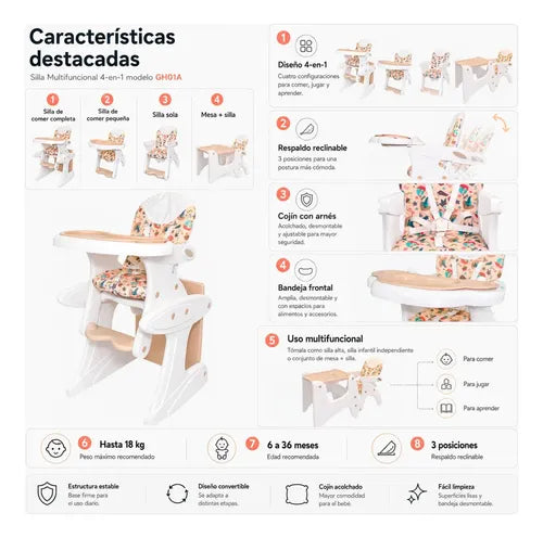 Silla De Comer Bebé 4 En 1 Reclinable Mesa Silla Infantil Silla 4 En 1 Blanco