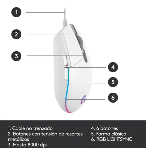 Logitech G203 Lightsync Mouse Gaming Rgb, 6 Botones, Blanco