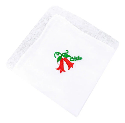 Pañuelo 18 Blonda Diseño Bordado Copihue Fechas Patria Cueca Blanco Bordado Copihue