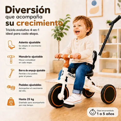 Triciclo Infantil 4en1 Asiento Manubrio Y Pedales Ajustables Marfil