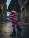 Medias Bucaneras Rayas Negro Con Fucsia Disfraz Fiesta Negro Con Fucsia Estandar