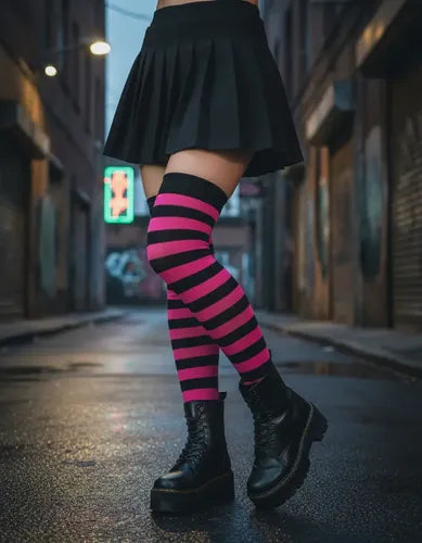 Medias Bucaneras Rayas Negro Con Fucsia Disfraz Fiesta Negro Con Fucsia Estandar