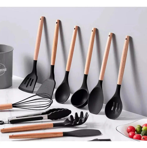 Set 12 Utensilios Cocina Mango Silicona Y Madera Repostería Madera