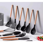 Set 12 Utensilios Cocina Mango Silicona Y Madera Repostería Madera