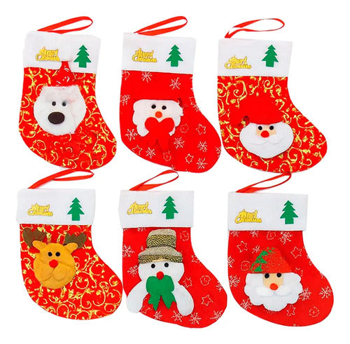 6 Mini Botas Calcetin Dulcero Adorno Navidad Diseños Surtido Rojo Surtido