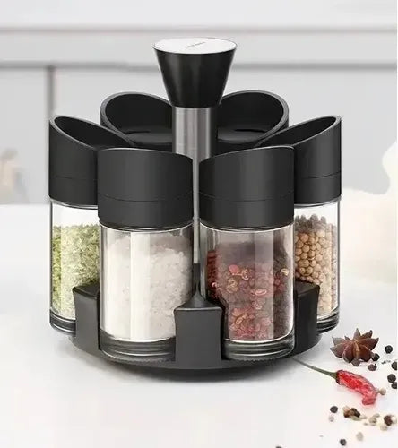 Set 6 Especieros Condimento Giratorio 360 Salidas Multiples Negro