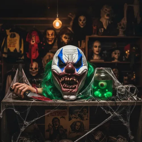 Mascara Payaso Killer De Latex Halloween Tipo Completa Real Blanco Con Azul Y Verde Payaso Killer