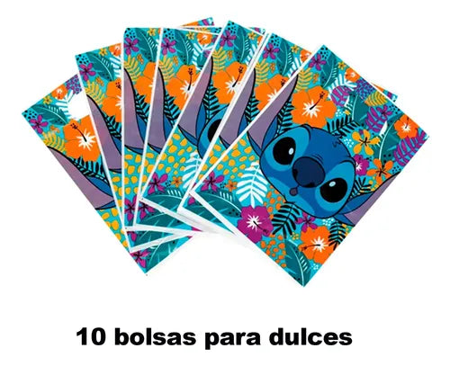 Pack 10 Bolsas Para Dulces Stitch Cumpleaños Fiestas Niños Azul Acero Stitch