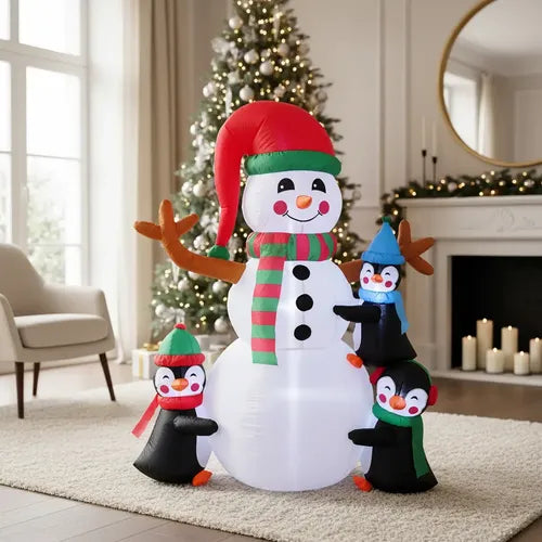 Muñeco Nieve+pingüinos Inflable Led Decoración Navidad 180cm Blanco