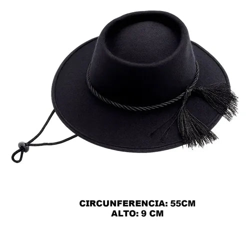 Sombrero Huaso Elegante Chico Cueca Fechas Patrias Negro Negro 55cm Lisa