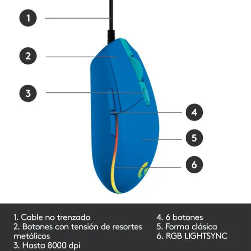 Mouse Gamer Logitech G203 Lightsync Con Rgb Y 6 Botones Azul