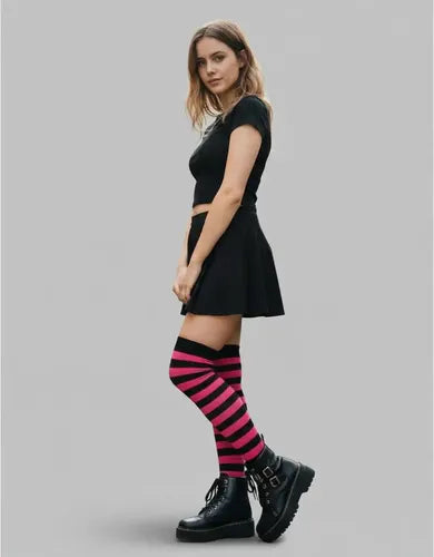 Medias Bucaneras Rayas Negro Con Fucsia Disfraz Fiesta Negro Con Fucsia Estandar