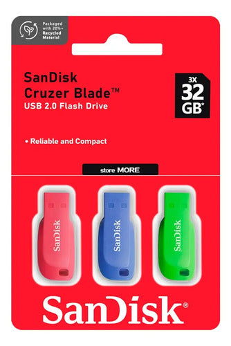Triple Pack Pendrive Sandisk Usb 32gb Cruzer Blade 150mb/s Multicolor Cruzer Blade