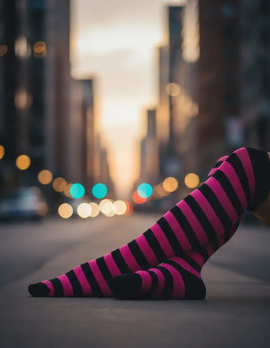 Medias Bucaneras Rayas Negro Con Fucsia Disfraz Fiesta Negro Con Fucsia Estandar