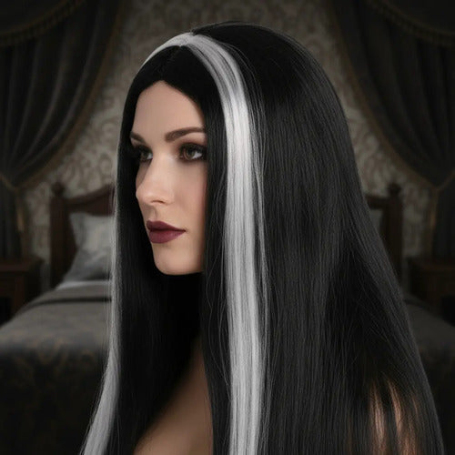 Peluca Morticia Addams Halloween Negr0