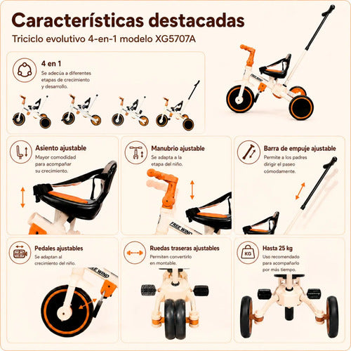 Triciclo Infantil 4en1 Asiento Manubrio Y Pedales Ajustables Marfil