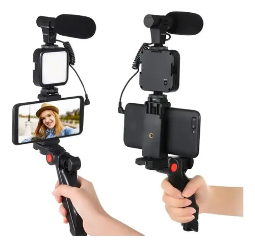 Kit De Grabación Con Micrófono Luz Led Y Soporte Tripode Color Negro