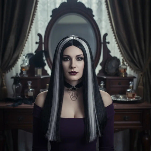 Peluca Morticia Addams Halloween Negr0
