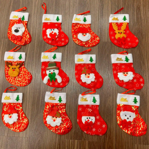 12 Mini Botas Calcetin Dulcero Adorno Navidad Diseño Surtido Rojo Surtido