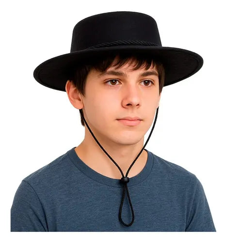 Sombrero Huaso Elegante Chico Cueca Fechas Patrias Negro Negro 55cm Lisa
