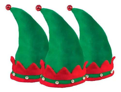 Pack 3 Sombreros Gorros Navideños Duende Elfo Con Sonajera Verde