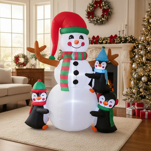Muñeco Nieve+pingüinos Inflable Led Decoración Navidad 180cm Blanco