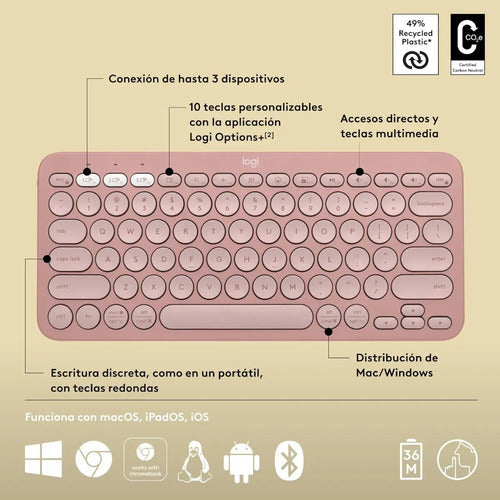 Teclado Bluetooth Logitech Pebble Keys 2 K380s Qwerty Teclado Rosado Idioma Español