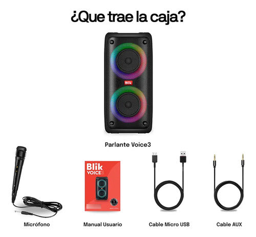 Parlante Karaoke Blik Voice3 Bt 5.3 Radio Tf/sd Tws Rgb 7h Negro