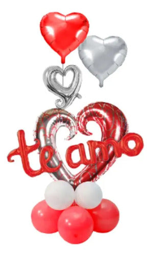 Set Globos Metalicos Corazones Te Amo  Rojo Con Plateado