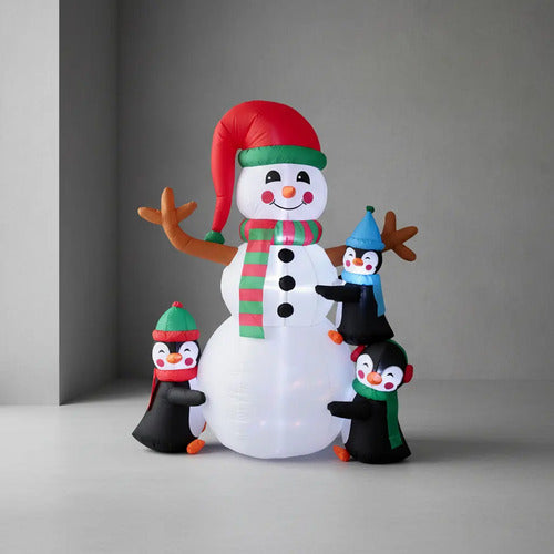 Muñeco Nieve+pingüinos Inflable Led Decoración Navidad 180cm Blanco